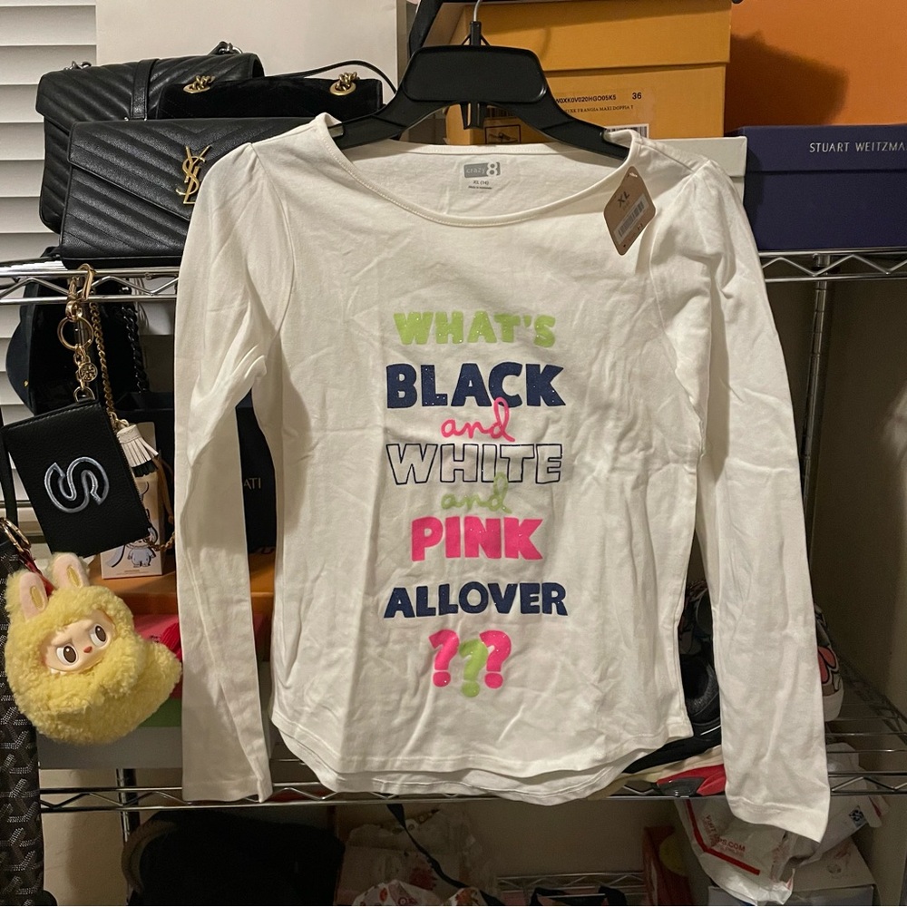 Kids White Long-Sleeve Graphic Tee with Pink & Navy Text